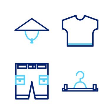 Set line Hanger wardrobe Short or pants T-shirt and Asian conical hat icon. Vector.