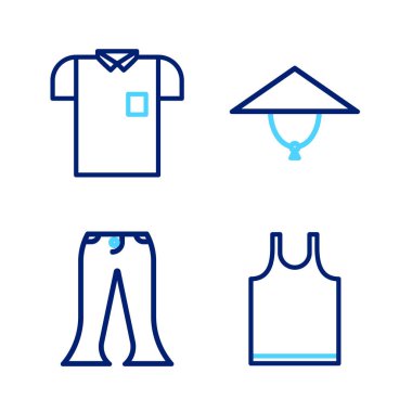 Set line Sleeveless T-shirt Pants Asian conical hat and Polo icon. Vector.