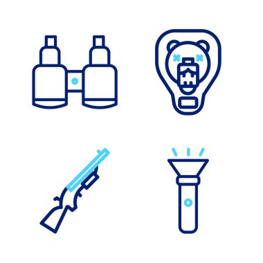 Set line Flashlight Shotgun Bear head on shield and Binoculars icon. Vector.