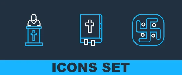 Set Line Jainism Church Pastor Preaching Holy Bible Book Icon — Stockvector