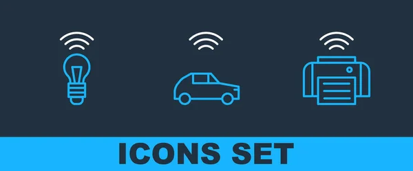 Set Line Smart Printer Light Bulb Car System Wireless Icon — Vector de stock