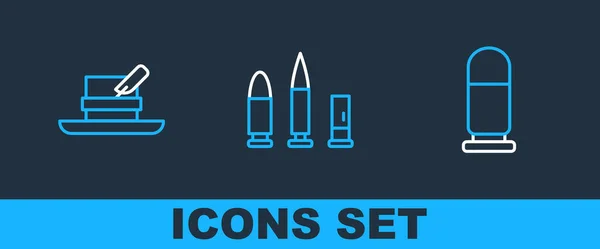 Set Line Bullet Hunter Hat Feather Cartridge Icon Vector — Vettoriale Stock