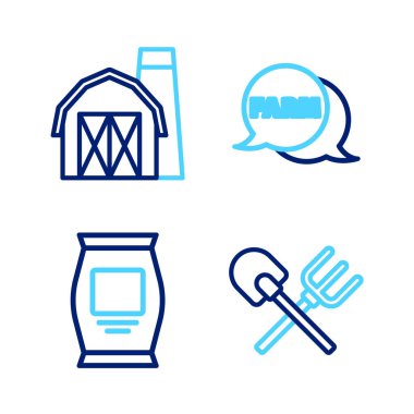Set line Shovel and rake Fertilizer bag Speech bubble with Farm and house icon. Vector.