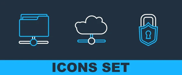 Set Line Lock Ftp Folder Network Cloud Connection Icon Vector — ストックベクタ