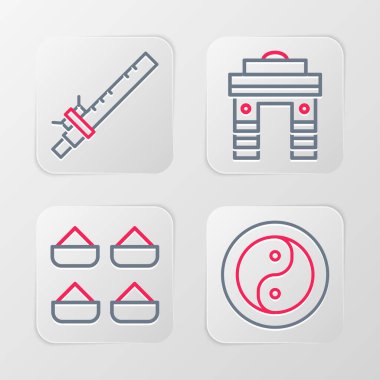 Set line Yin Yang Indian spice Gate Delhi and Bamboo flute indian icon. Vector.