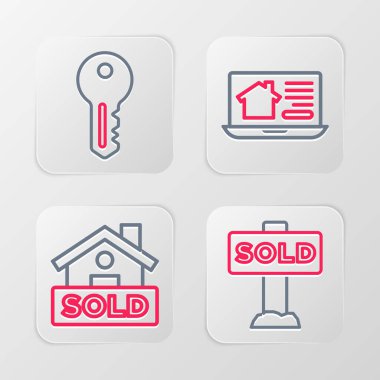 Set line Hanging sign with text Sold Online real estate house and House key icon. Vector.
