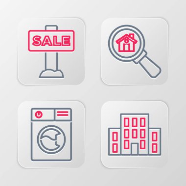Set line House Washer Search house and Hanging sign with Sale icon. Vector.