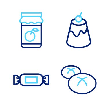 Set line Bread loaf Candy Pudding custard and Jam jar icon. Vector.