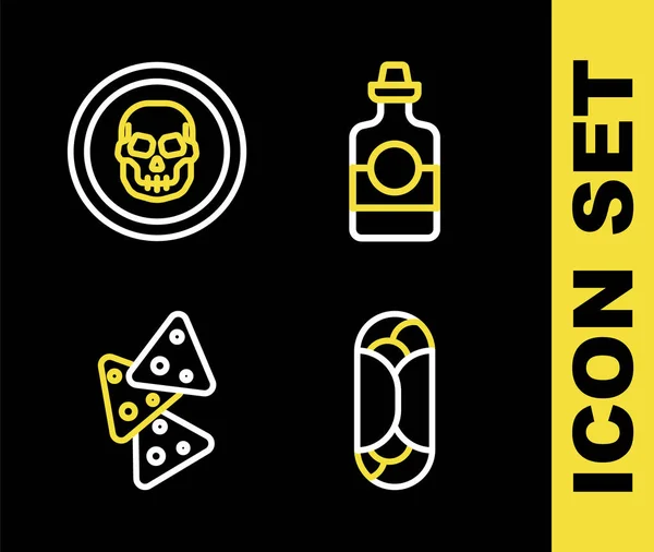 Set Line Tequila Bottle Burrito Nachos Mexican Skull Coin Icon — Stockový vektor