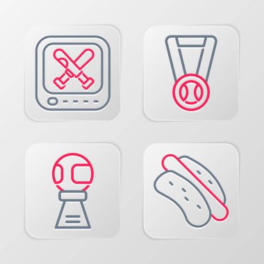 Set line Hotdog sandwich Award cup with baseball ball Medal and Monitor game icon. Vector.