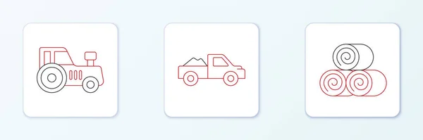 Set Line Roll Hay Tractor Pickup Truck Icon Vector — 스톡 벡터