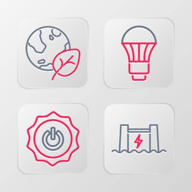 Set line Hydroelectric dam Power button LED light bulb and Earth globe and leaf icon. Vector.