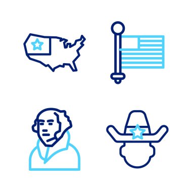 Set line Sheriff cowboy George Washington American flag and USA map icon. Vector.