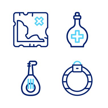 Set line Magic stone ring Lute Bottle with potion and Pirate treasure map icon. Vector.