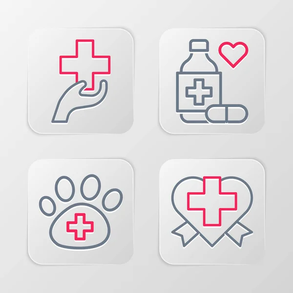 Set Line Heart Cross Veterinary Clinic Medicine Bottle Pills Icon — Archivo Imágenes Vectoriales