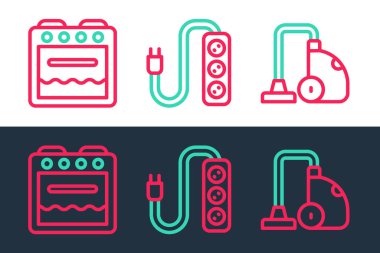Set line Vacuum cleaner Oven and Electric extension icon. Vector.