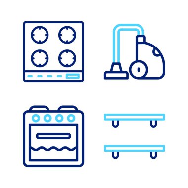 Set line Empty wooden shelves Oven Vacuum cleaner and Gas stove icon. Vector.