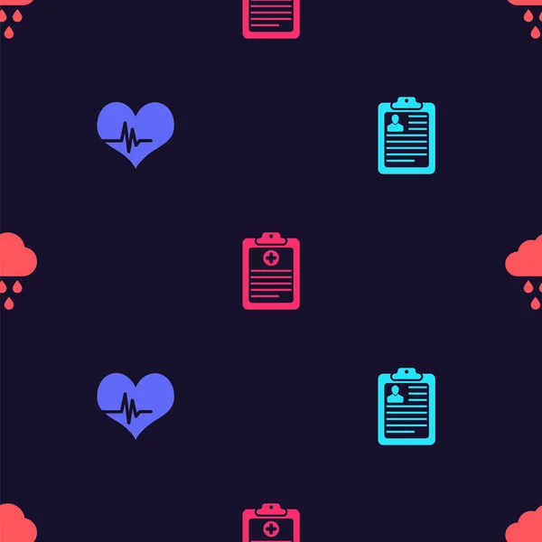 Set Clipboard Resume Heart Rate Clinical Record Cloud Rain Seamless — 스톡 벡터