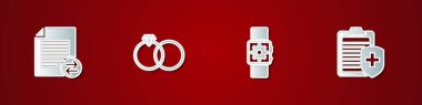 Set Transfer files, Wedding rings, Smartwatch setting and Clipboard with medical insurance icon. Vector.