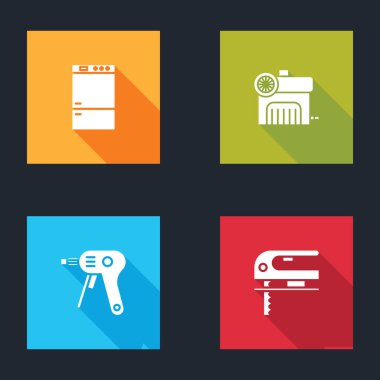 Set Refrigerator, Air compressor, Electric hot glue gun and jigsaw icon. Vector.