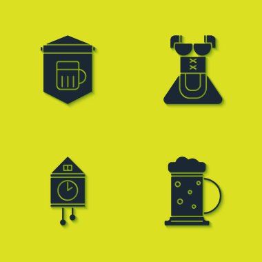 Set Signboard with glass of beer, Wooden mug, Retro wall watch and Costume for women dirndl icon. Vector.