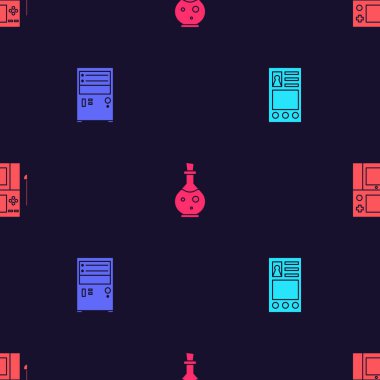 Set Create account screen, Computer, Bottle with magic elixir and Portable video game console on seamless pattern. Vector.