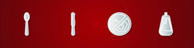 Set Disposable plastic spoon, knife, No trash and Bottle for dishwashing liquid icon. Vector.