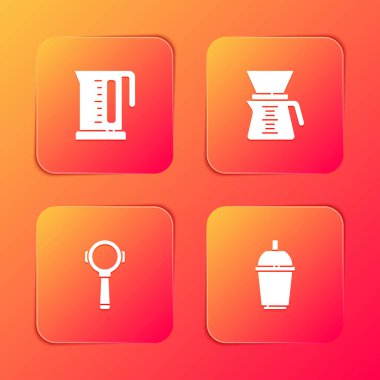 Set Electric kettle, Pour over coffee maker, Coffee filter holder and cup to go icon. Vector.