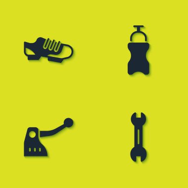 Set Bicycle shoes, Wrench spanner, brake and Sport bottle with water icon. Vector.