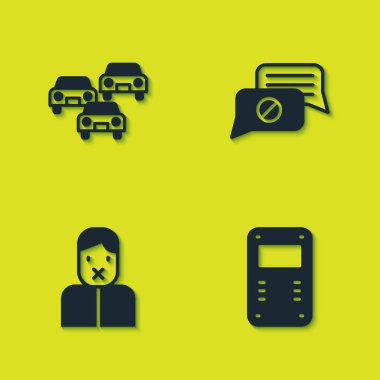 Set Traffic jam, Police assault shield, Censor and freedom of speech and Speech bubble chat icon. Vector.