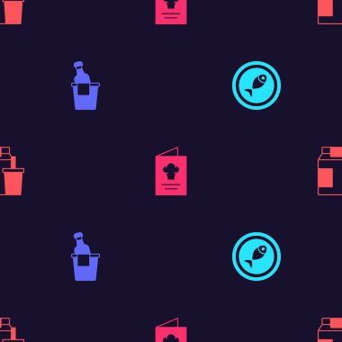 Set Served fish on a plate, Champagne in an ice bucket, Cookbook and Online ordering and delivery on seamless pattern. Vector.
