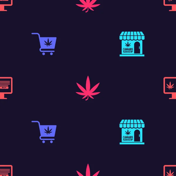 Set Marijuana Cannabis Store Shopping Cart Marijuana Leaf Online Buying — Archivo Imágenes Vectoriales