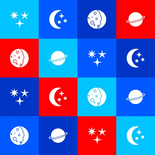 Set Falling star, Moon and stars, Eclipse of the sun and Planet Saturn icon. Vector.