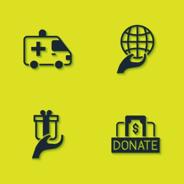 Set Ambulance car, Donation and charity, Give gift and Hand holding Earth globe icon. Vector.