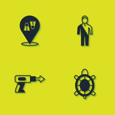 Set Flippers for swimming, Turtle, Fishing harpoon and Wetsuit scuba diving icon. Vector.