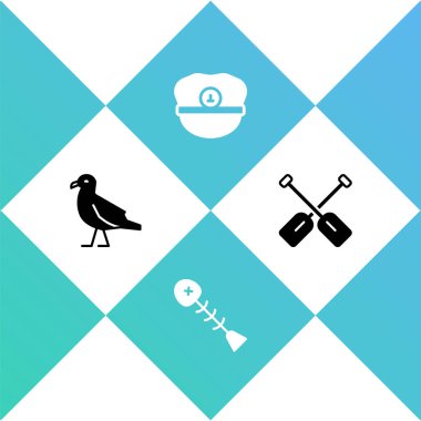Set Bird seagull Dead fish Captain hat and Paddle icon. Vector.