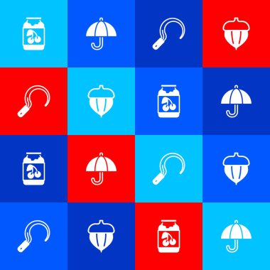 Set Jam jar Umbrella Sickle and Acorn icon. Vector.