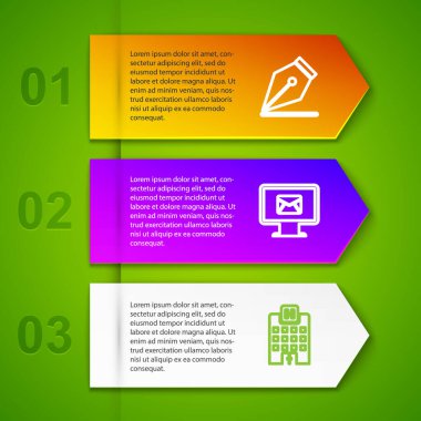 Set line Fountain pen nib, Monitor and envelope, Medical hospital building and Upload. Business infographic template. Vector.