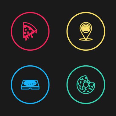 Set line Pizza in cardboard box, Donut, Location with burger and Slice of pizza icon. Vector.