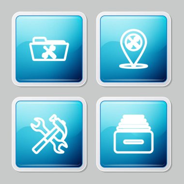Set line Folder service, Location, Crossed hammer and wrench and Drawer with documents icon. Vector.