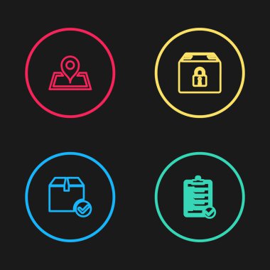 Set line Package box with check mark, Verification of delivery list, Locked package and Placeholder map icon. Vector.