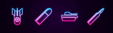 Set line Nuclear bomb, Bullet, Military tank and . Glowing neon icon. Vector.