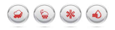 Set line Cloud with rain and lightning, snow moon, Snowflake and Water drop percentage. Silver circle button. Vector.
