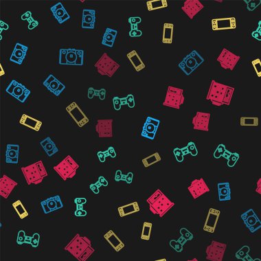 Set line Video game console, Gamepad, Portable video and Slot machine on seamless pattern. Vector.