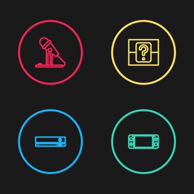 Set line Video game console, Portable video, Mystery random box and Microphone icon. Vector.