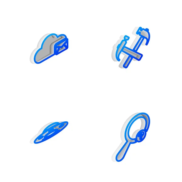 Set Isometric Line Two Crossed Hammers Cloud Mail Server Ufo — Stockvektor