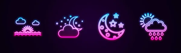 Set Line Sunset Cloud Moon Stars Moon Rain Sun Glowing — Vector de stock