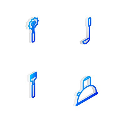 Set Isometric line Kitchen ladle, Pizza knife, Fork and Kettle with handle icon. Vector.