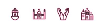 Set line Ramadan Kareem lantern, Hands in praying position, Muslim Mosque and Church building icon. Vector.