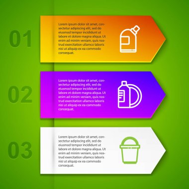 Set line Bottles for cleaning agent, Dishwashing liquid bottle and plate, Bucket and Toilet paper roll. Business infographic template. Vector.